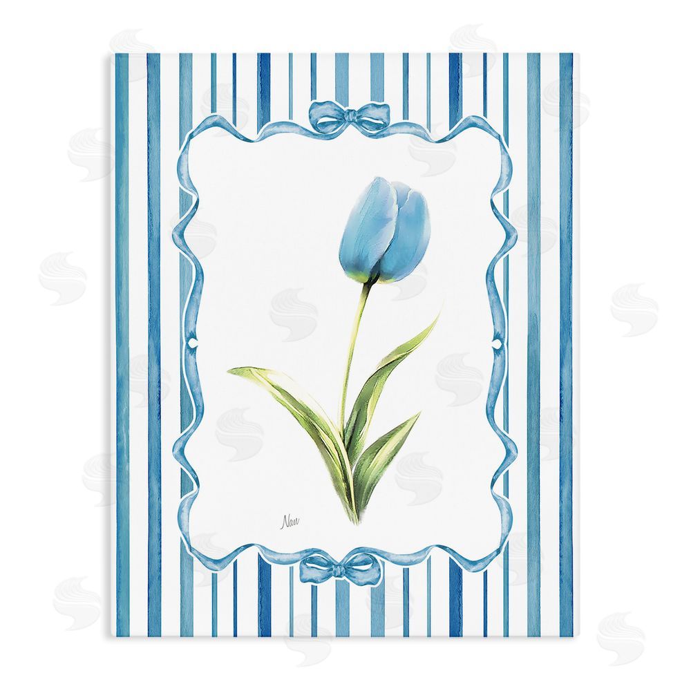 Nan Blue Tulip & Ribbon Border Stretched Canvas Wall Art Print