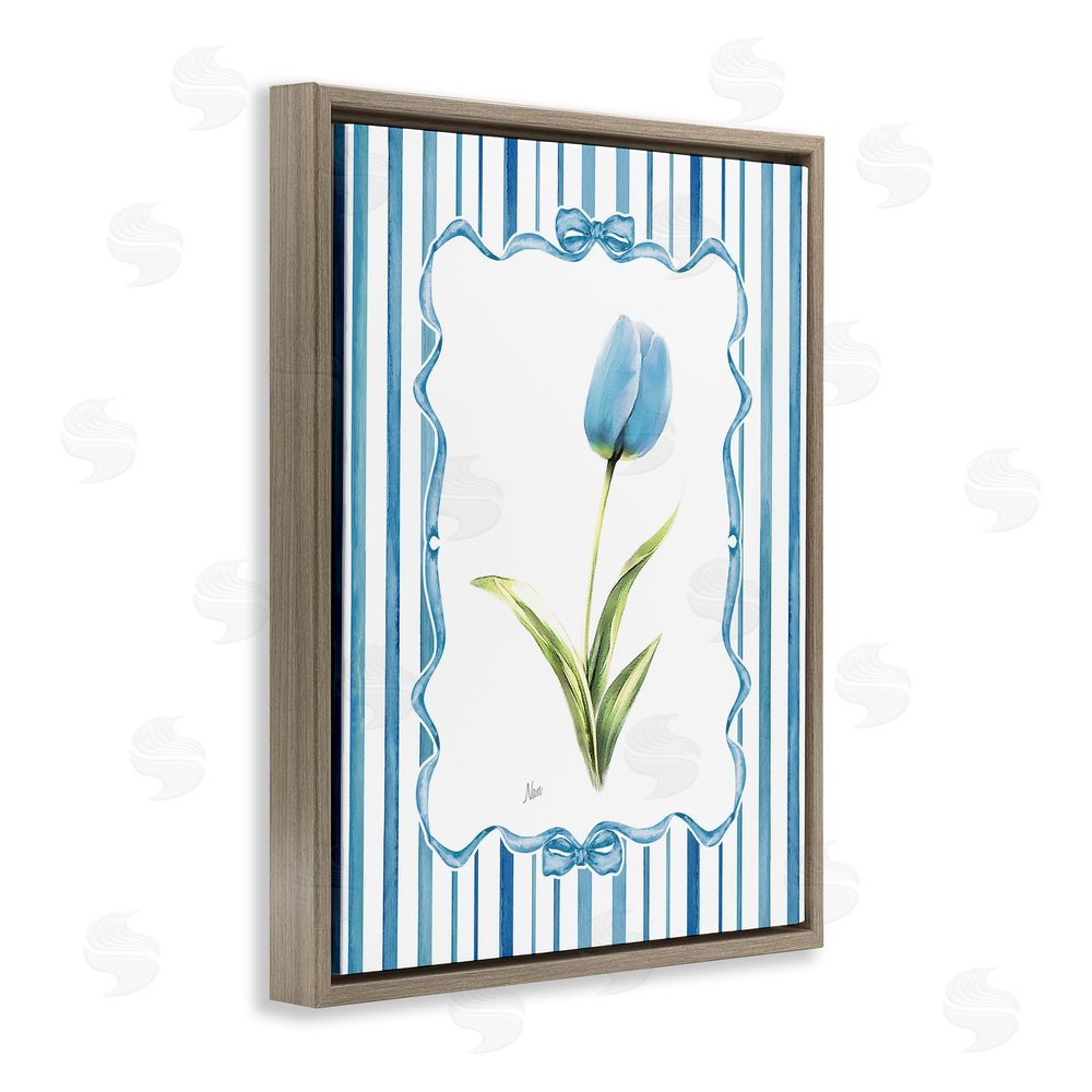 Nan Blue Tulip & Ribbon Border Brown Floating Frame Canvas Wall Art Print