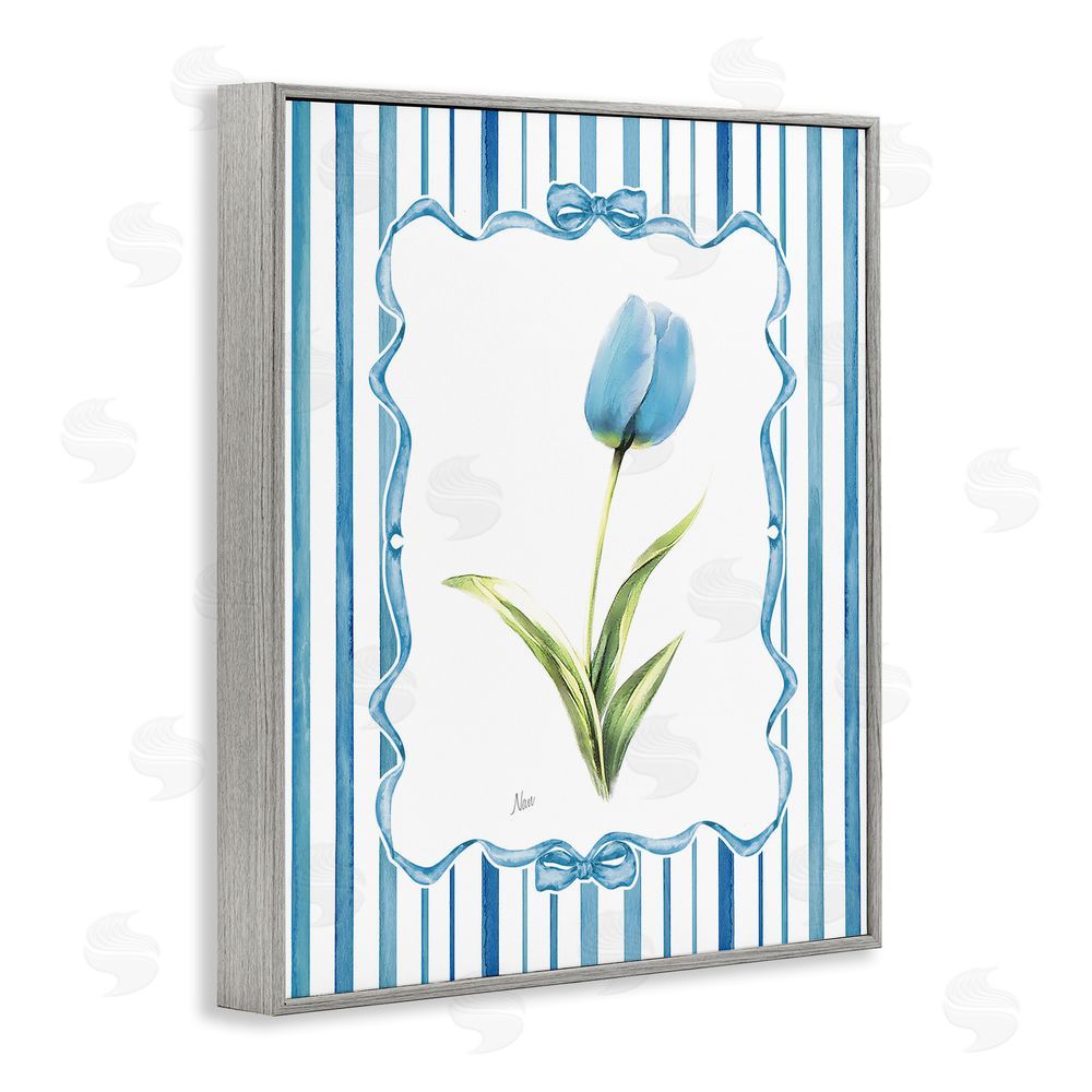 Nan Blue Tulip & Ribbon Border Gray Framed Giclee Wall Art Print