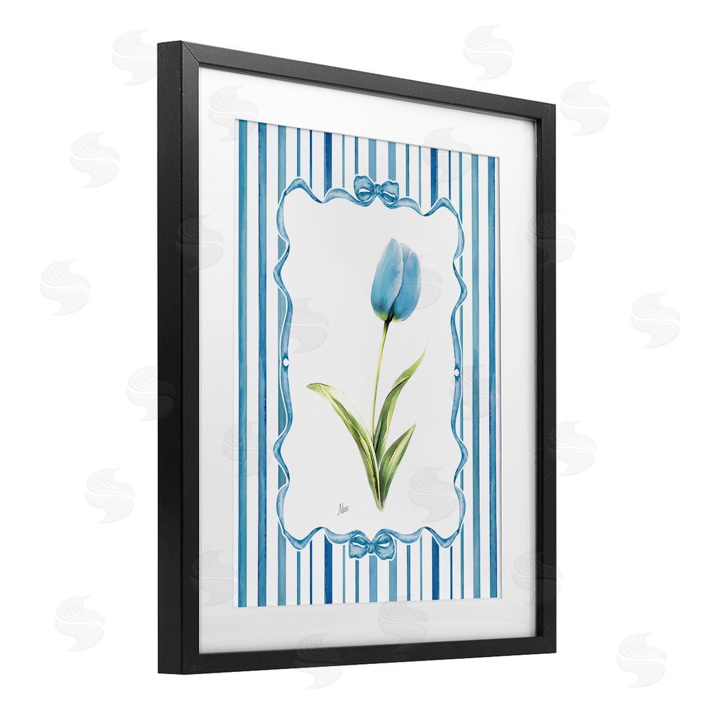 Nan Blue Tulip & Ribbon Border Black Framed Print Under Glass Wall Art