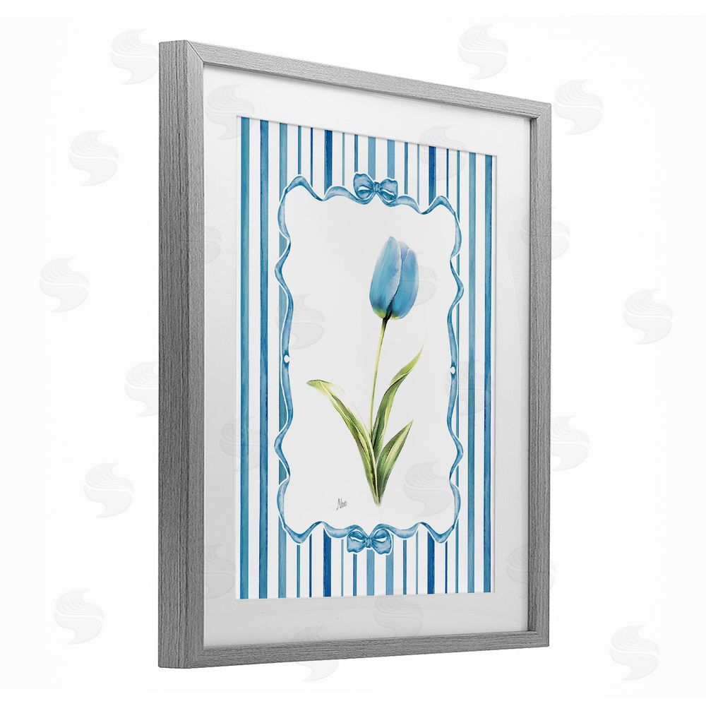 Nan Blue Tulip & Ribbon Border Gray Framed Print Under Glass Wall Art