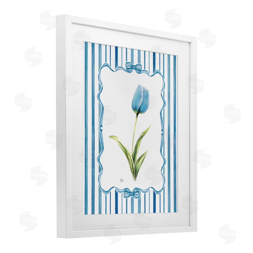 Nan Blue Tulip & Ribbon Border White Framed Print Under Glass Wall Art