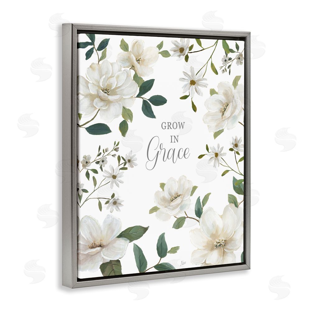 Nan Floral Grow In Grace Gray Floating Frame Canvas Wall Art Print