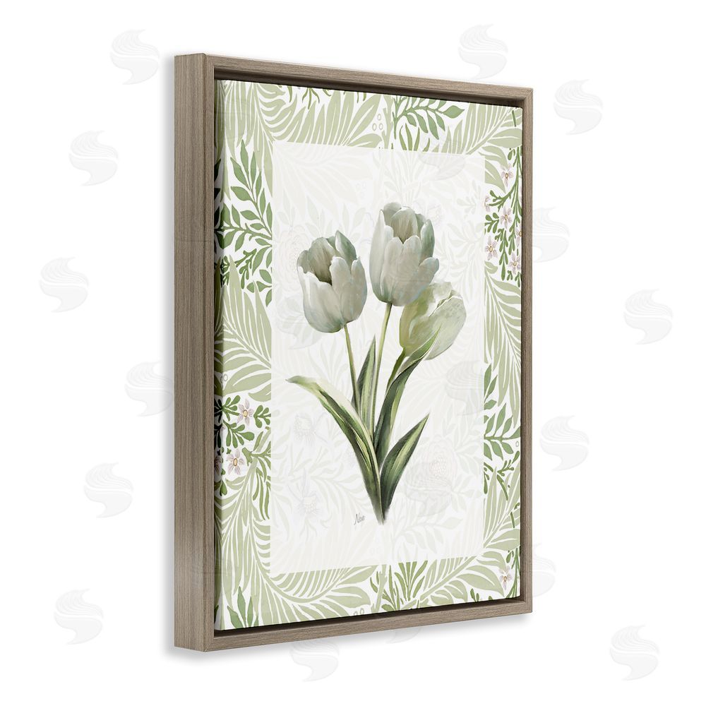 Nan Pale Green Tulip Trio Brown Floating Frame Canvas Wall Art Print
