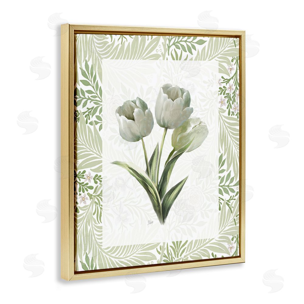 Nan Pale Green Tulip Trio Gold Floating Frame Canvas Wall Art Print