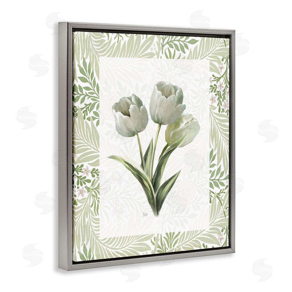 Nan Pale Green Tulip Trio Gray Floating Frame Canvas Wall Art Print