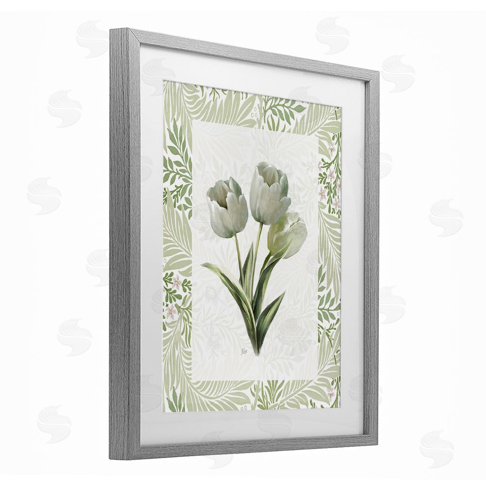 Nan Pale Green Tulip Trio Gray Framed Print Under Glass Wall Art