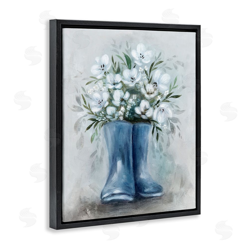 Kristen Brockmon Botanical Bouquet in Blue Boots Black Floating Frame Canvas Wall Art Print