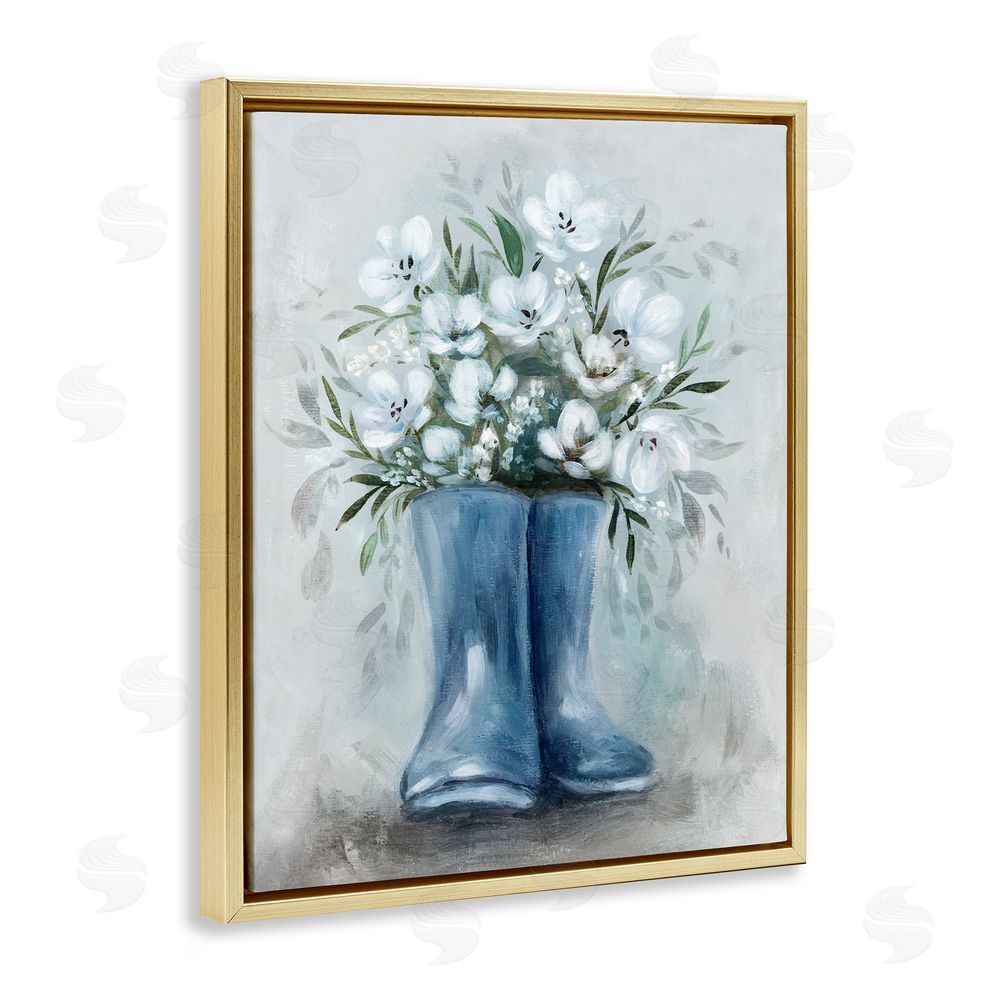 Kristen Brockmon Botanical Bouquet in Blue Boots Gold Floating Frame Canvas Wall Art Print