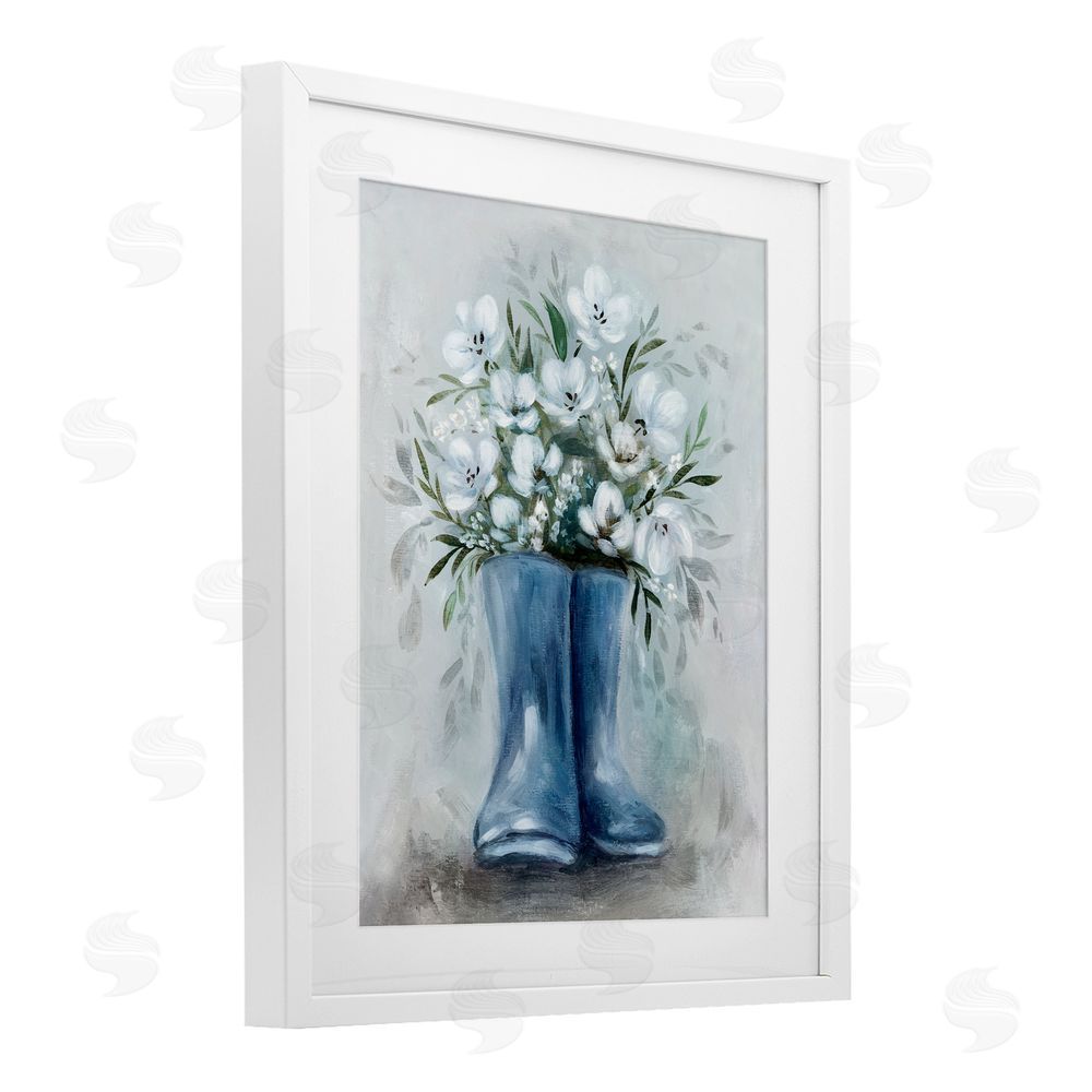 Kristen Brockmon Botanical Bouquet in Blue Boots White Framed Print Under Glass Wall Art