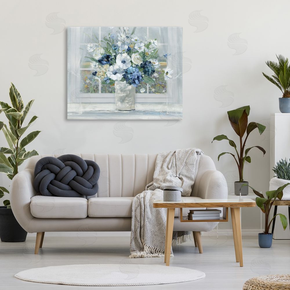 Sally Swatland Blue Hydrangea & Anemone Bouquet Stretched Canvas Wall Art in Room