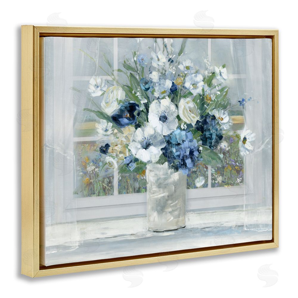 Sally Swatland Blue Hydrangea & Anemone Bouquet Gold Floating Frame Canvas Wall Art Print