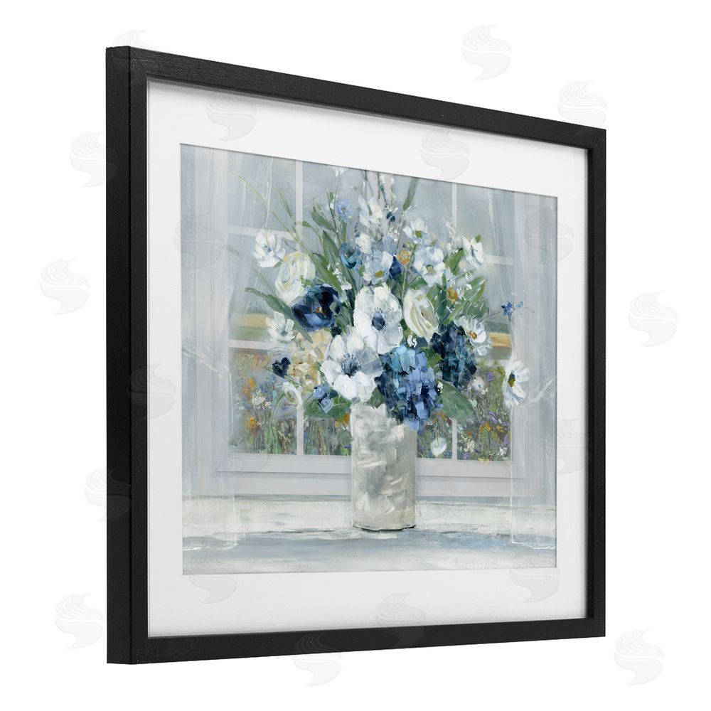 Sally Swatland Blue Hydrangea & Anemone Bouquet Black Framed Print Under Glass Wall Art