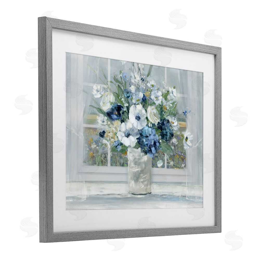 Sally Swatland Blue Hydrangea & Anemone Bouquet Gray Framed Print Under Glass Wall Art