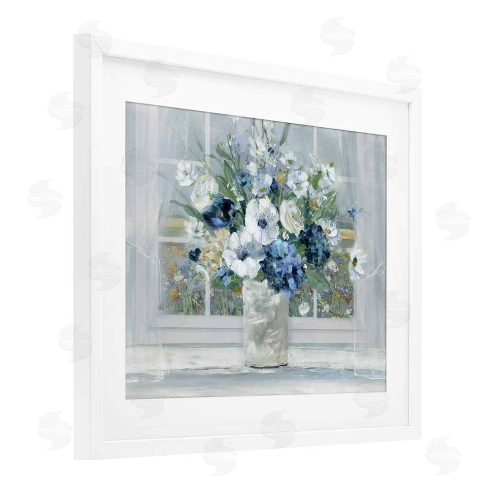 Sally Swatland Blue Hydrangea & Anemone Bouquet White Framed Print Under Glass Wall Art