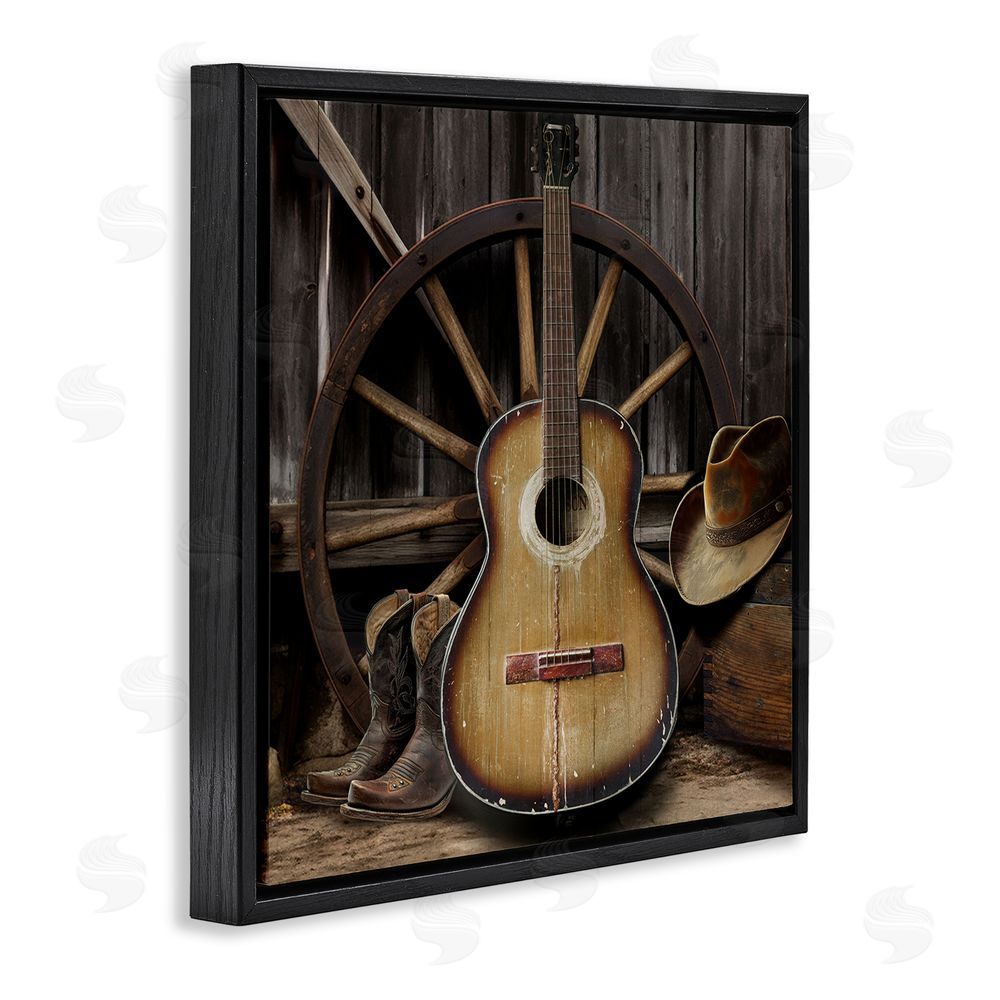 CAD Designs Rustic Western Guitar with Hat Black Floating Frame Canvas Wall Art Print