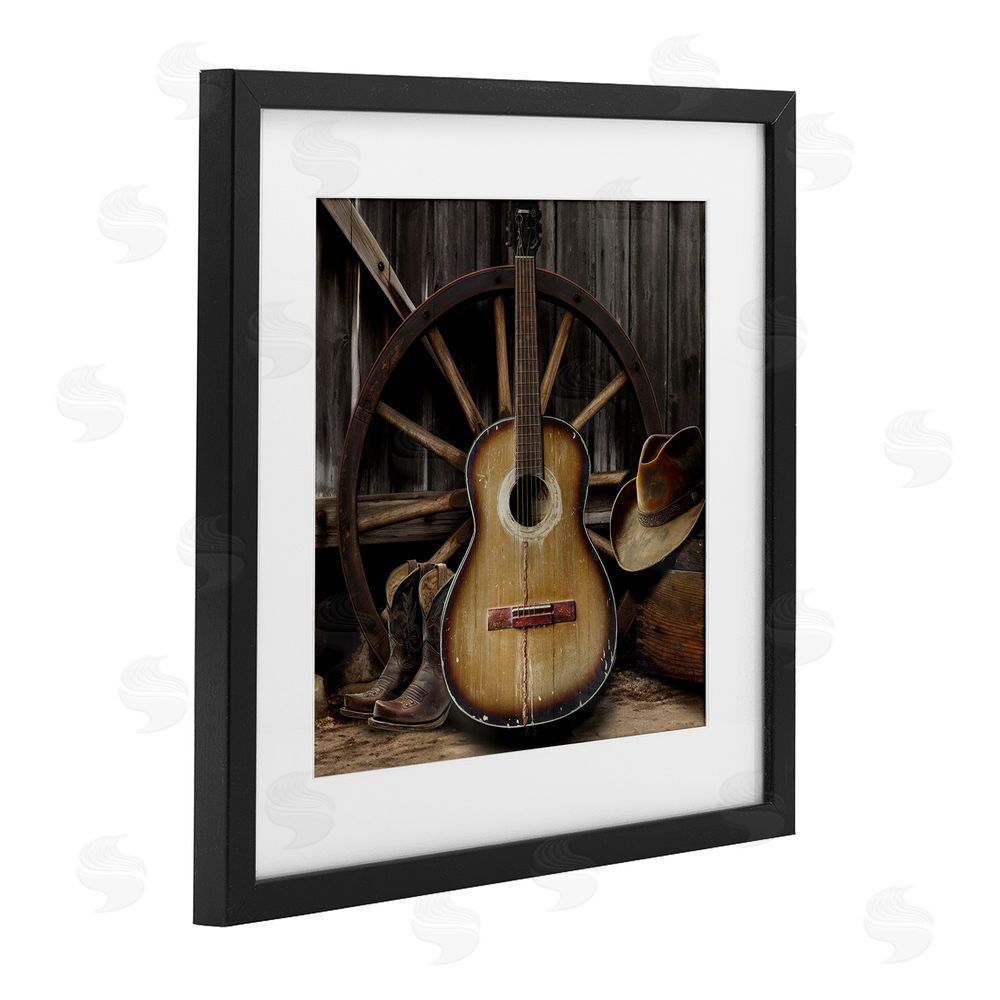 CAD Designs Rustic Western Guitar with Hat Black Framed Print Under Glass Wall Art