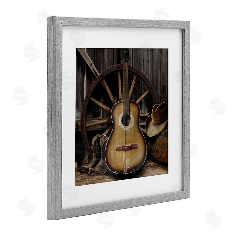 CAD Designs Rustic Western Guitar with Hat Gray Framed Print Under Glass Wall Art