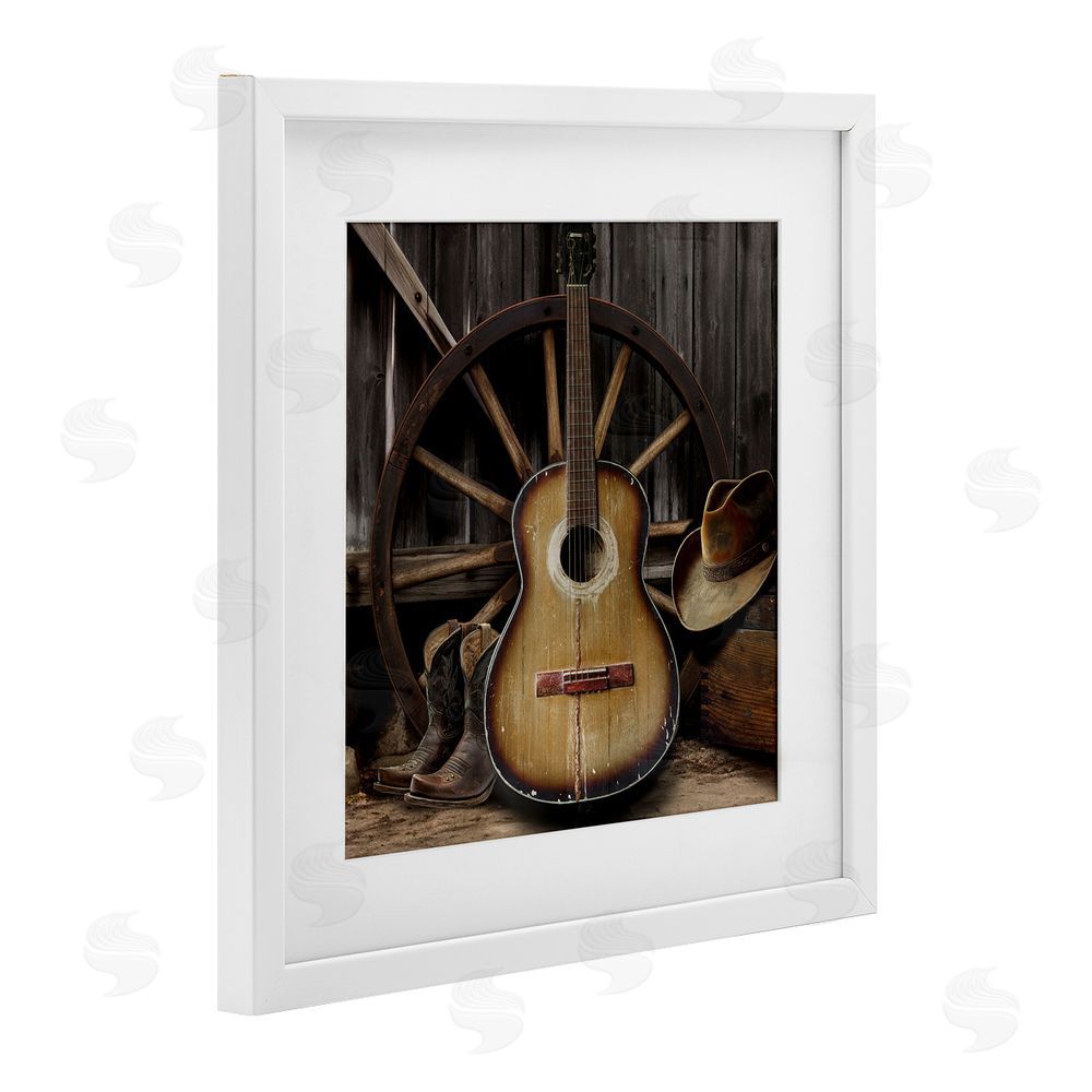CAD Designs Rustic Western Guitar with Hat White Framed Print Under Glass Wall Art