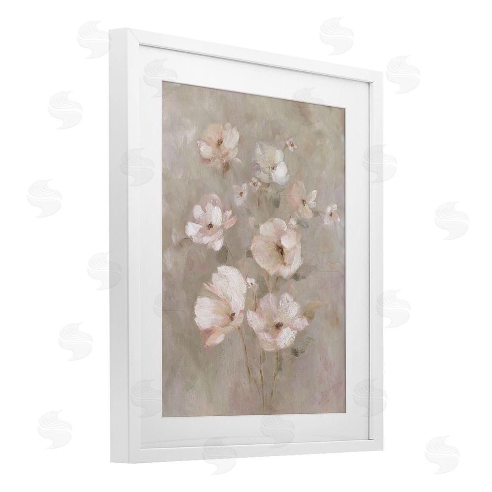 Carol Robinson Blush Florals over Beige White Framed Print Under Glass Wall Art