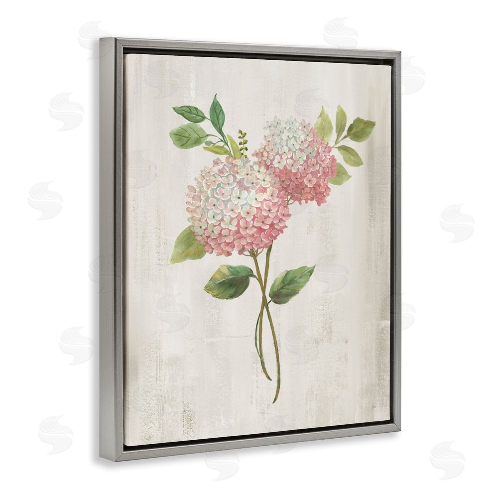 Nan Pink Hydrangea Paired Stems Gray Floating Frame Canvas Wall Art Print
