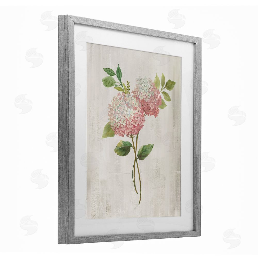 Nan Pink Hydrangea Paired Stems Gray Framed Print Under Glass Wall Art