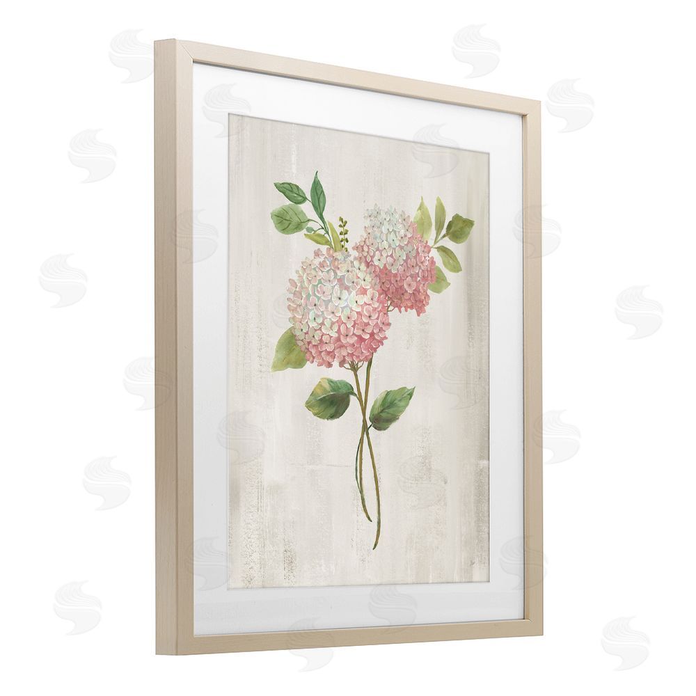 Nan Pink Hydrangea Paired Stems Brown Framed Print Under Glass Wall Art