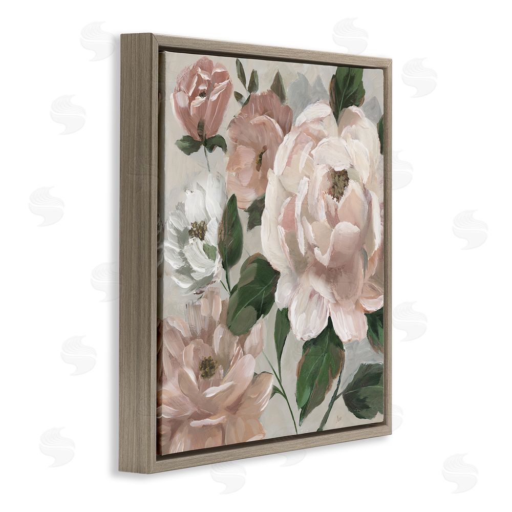 Nan Delicate Blush Peonies with Leaves Brown Floating Frame Canvas Wall Art Print