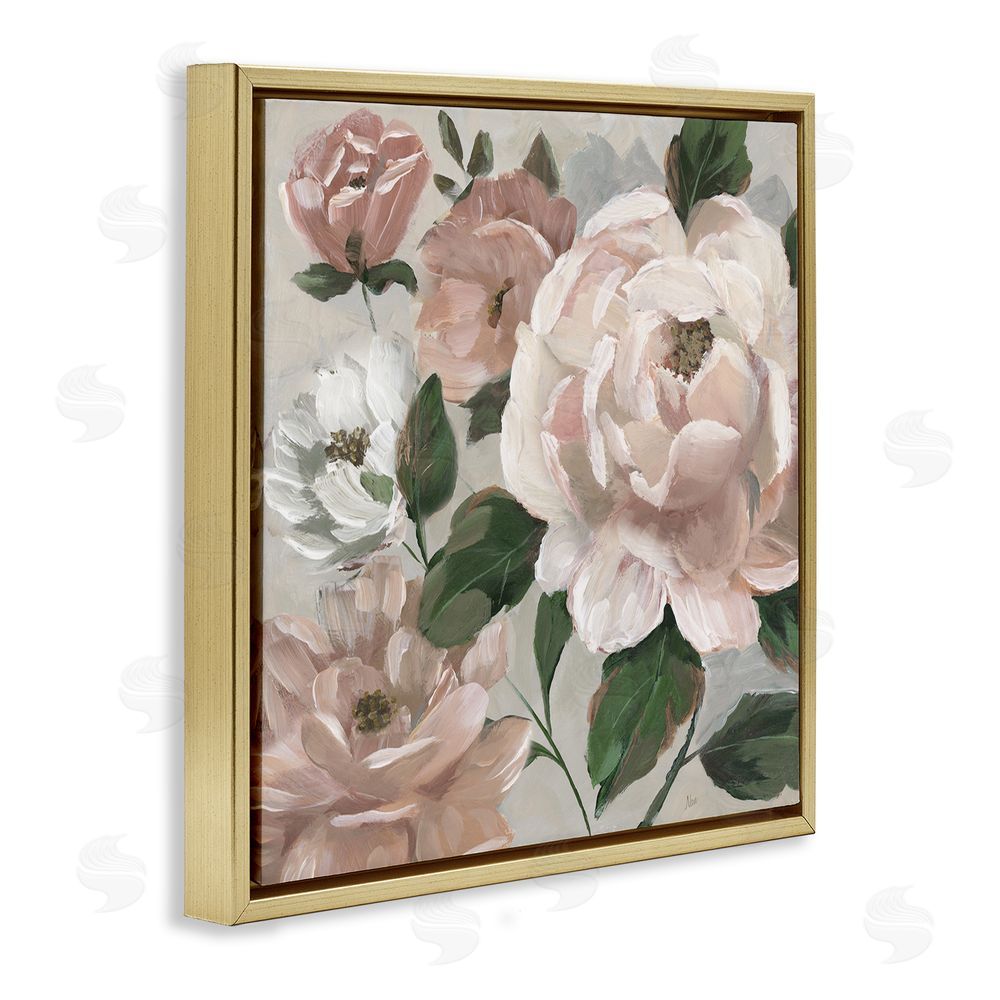 Nan Delicate Blush Peonies with Leaves Gold Floating Frame Canvas Wall Art Print
