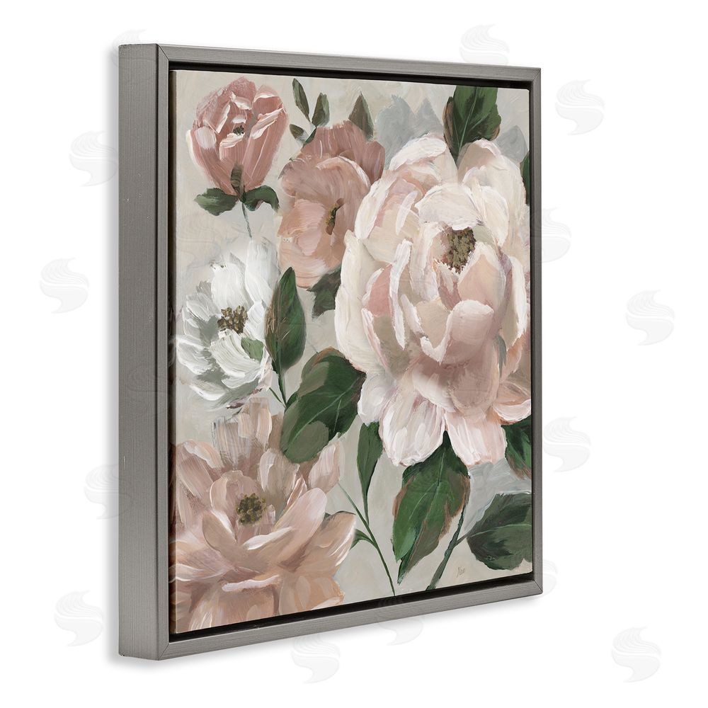 Nan Delicate Blush Peonies with Leaves Gray Floating Frame Canvas Wall Art Print
