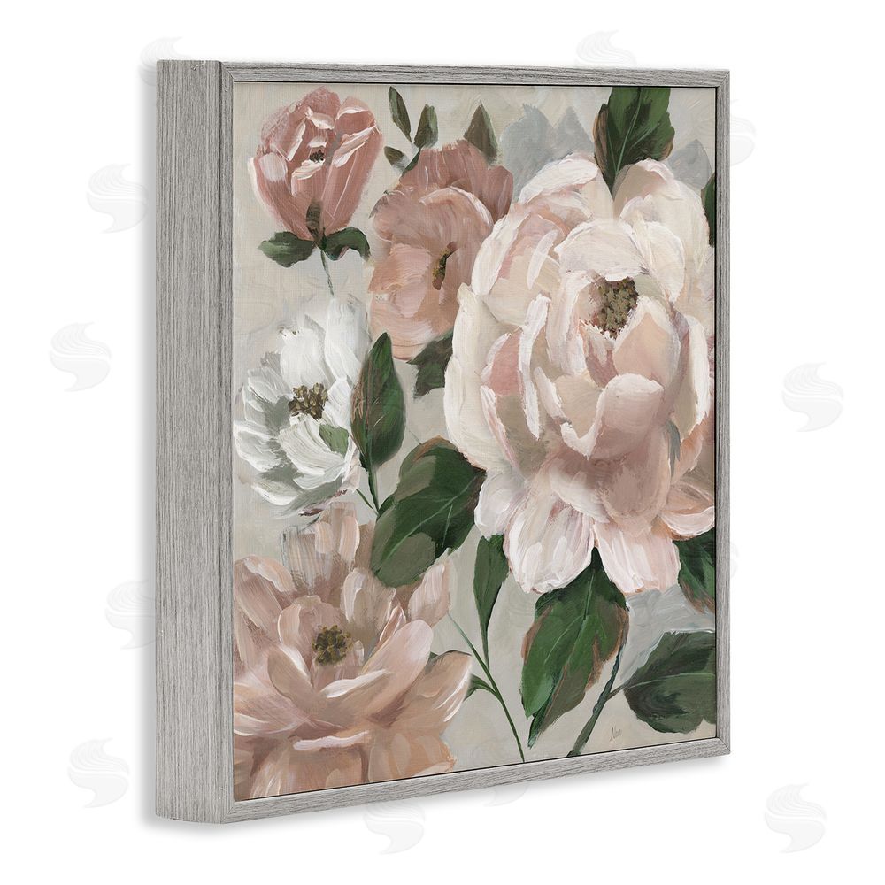 Nan Delicate Blush Peonies with Leaves Gray Framed Giclee Wall Art Print