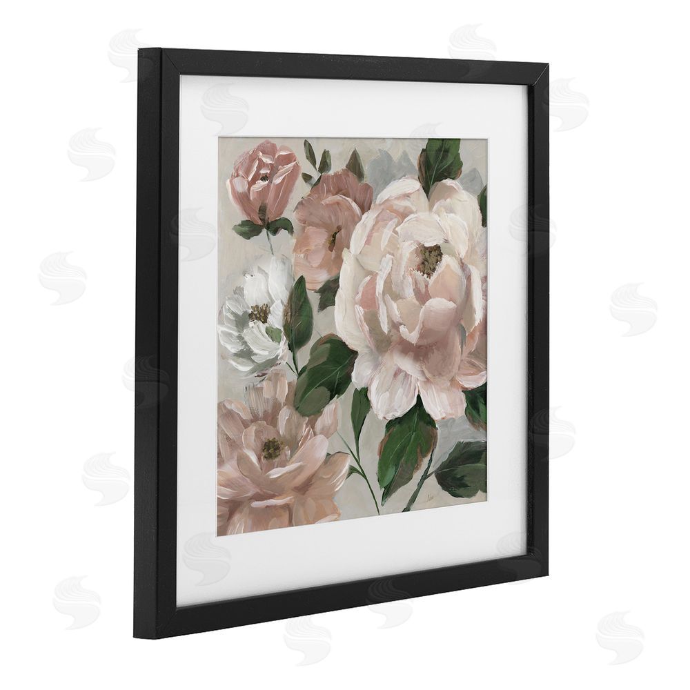 Nan Delicate Blush Peonies with Leaves Black Framed Print Under Glass Wall Art