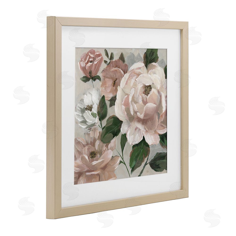 Nan Delicate Blush Peonies with Leaves Brown Framed Print Under Glass Wall Art