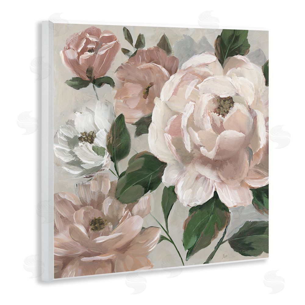 Nan Delicate Blush Peonies with Leaves Wooden Wall Plaque Art Print