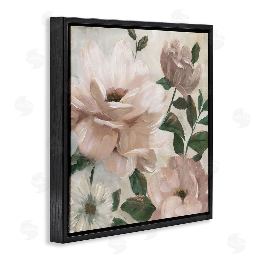 Nan Budding Blush Peonies & Leaves Black Floating Frame Canvas Wall Art Print