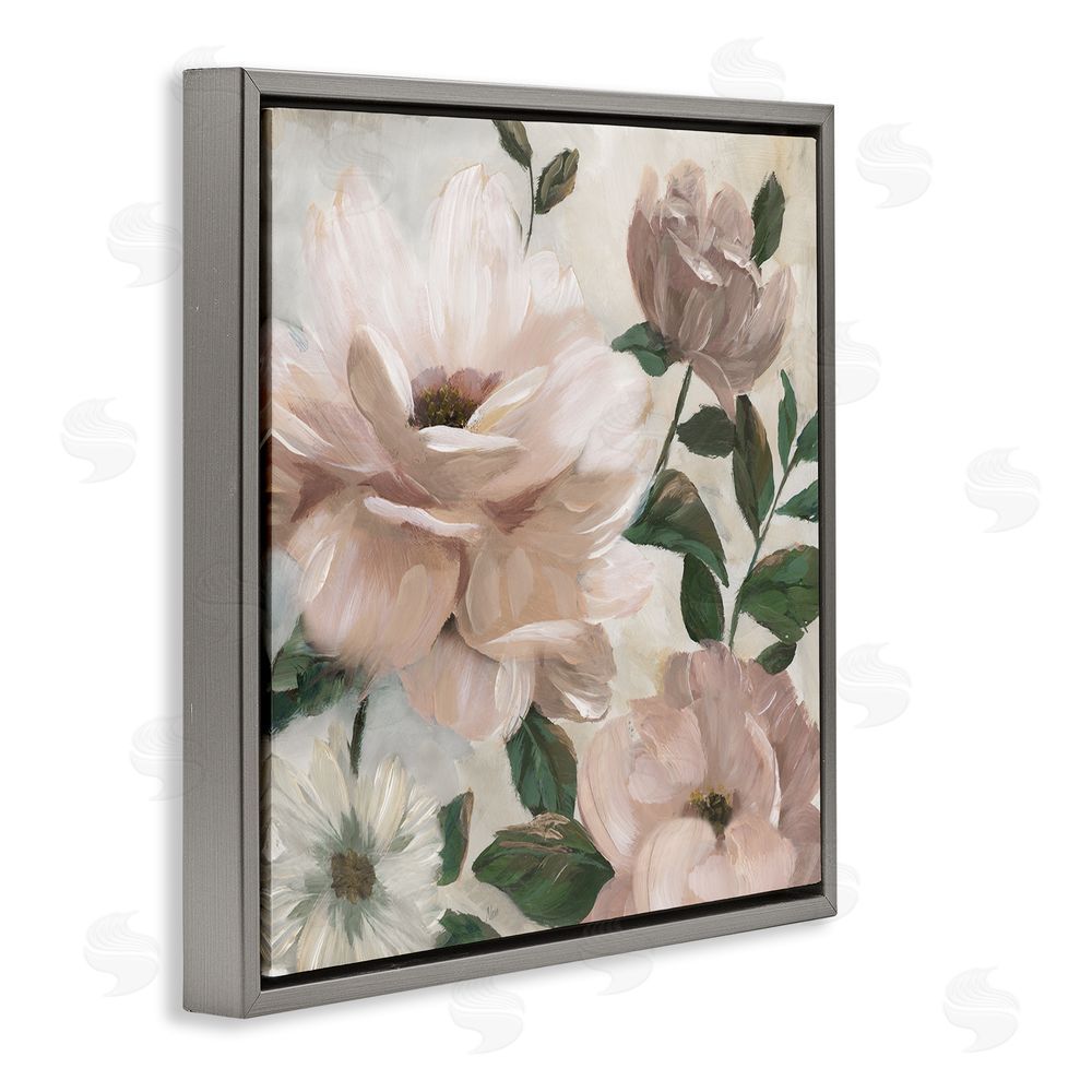 Nan Budding Blush Peonies & Leaves Gray Floating Frame Canvas Wall Art Print