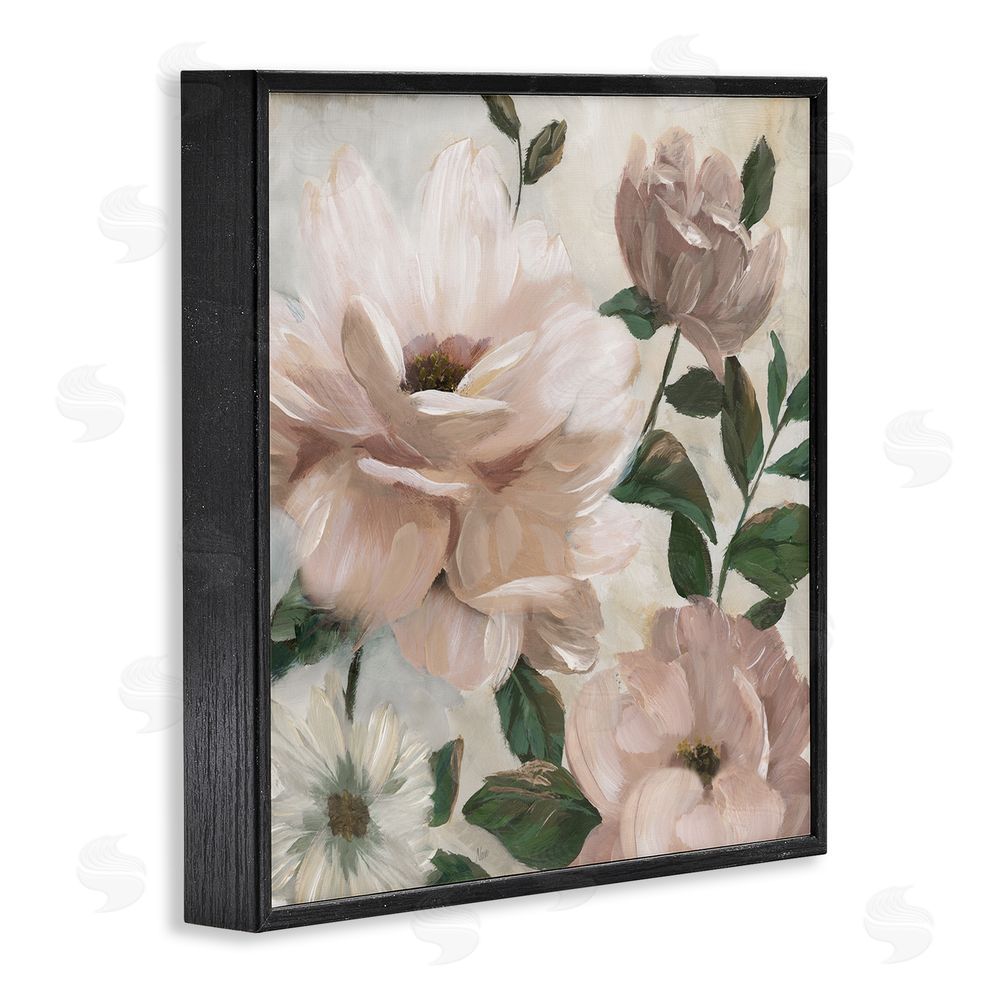 Nan Budding Blush Peonies & Leaves Black Framed Giclee Wall Art Print