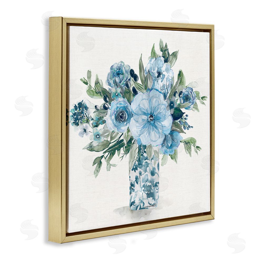 Carol Robinson Pastel Blue Bouquet Foliage Gold Floating Frame Canvas Wall Art Print