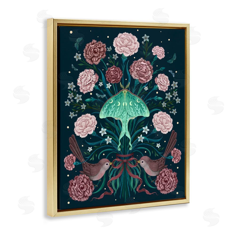Episodic Drawings January Carnations & Moth Gold Floating Frame Canvas Wall Art Print