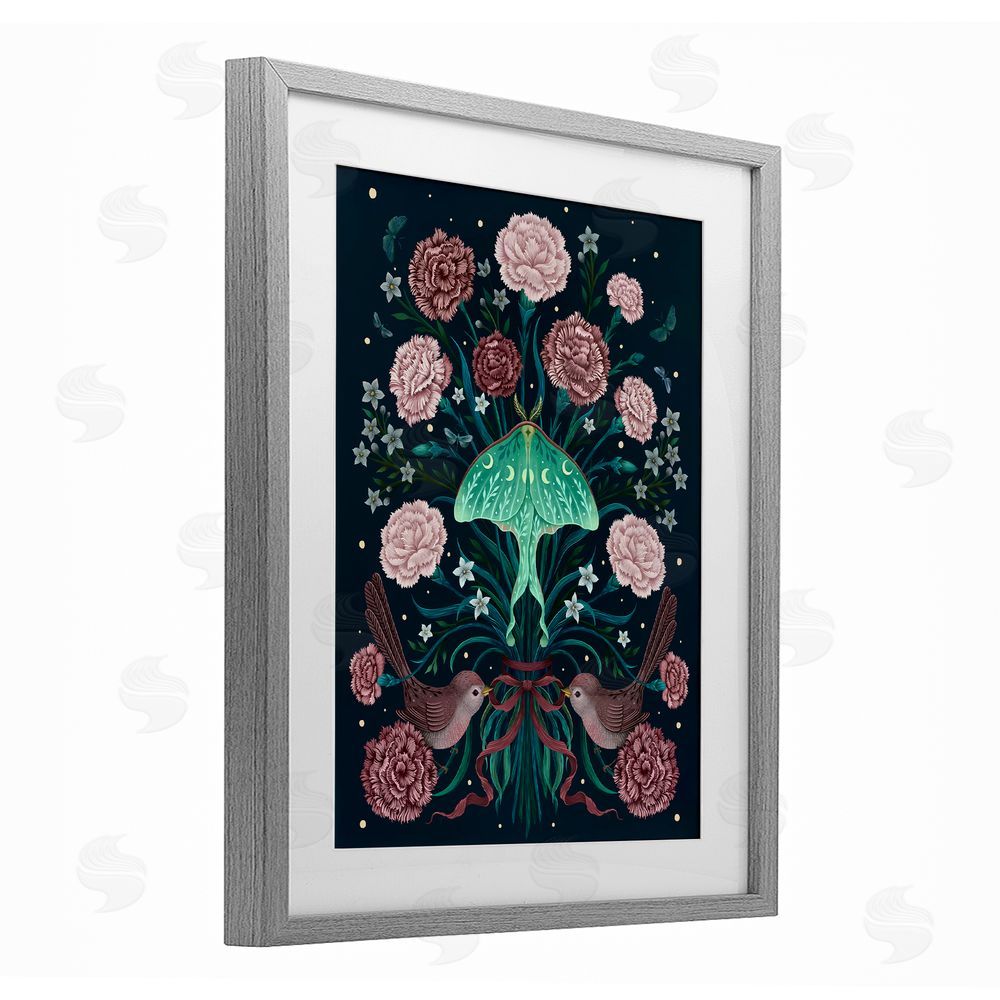 Episodic Drawings January Carnations & Moth Gray Framed Print Under Glass Wall Art