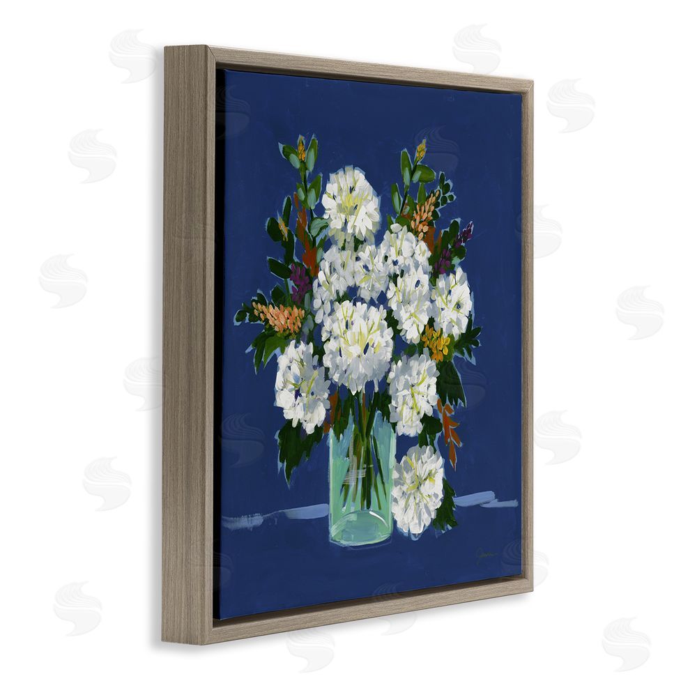 Liz Jardine White Blooms Still Life on Navy Brown Floating Frame Canvas Wall Art Print