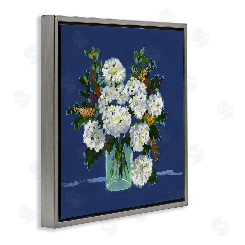 Liz Jardine White Blooms Still Life on Navy Gray Floating Frame Canvas Wall Art Print