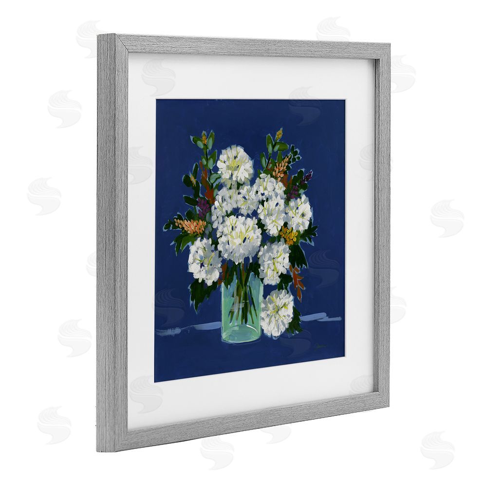 Liz Jardine White Blooms Still Life on Navy Gray Framed Print Under Glass Wall Art