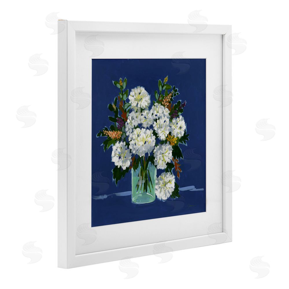 Liz Jardine White Blooms Still Life on Navy White Framed Print Under Glass Wall Art