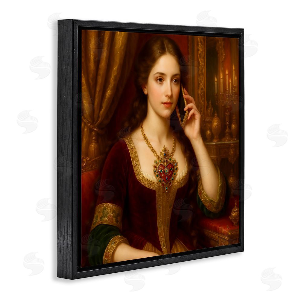 Grotto Studios Rococo Woman with Cell Phone Black Floating Frame Canvas Wall Art Print