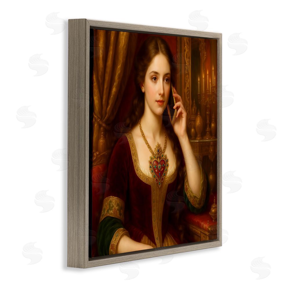 Grotto Studios Rococo Woman with Cell Phone Brown Floating Frame Canvas Wall Art Print