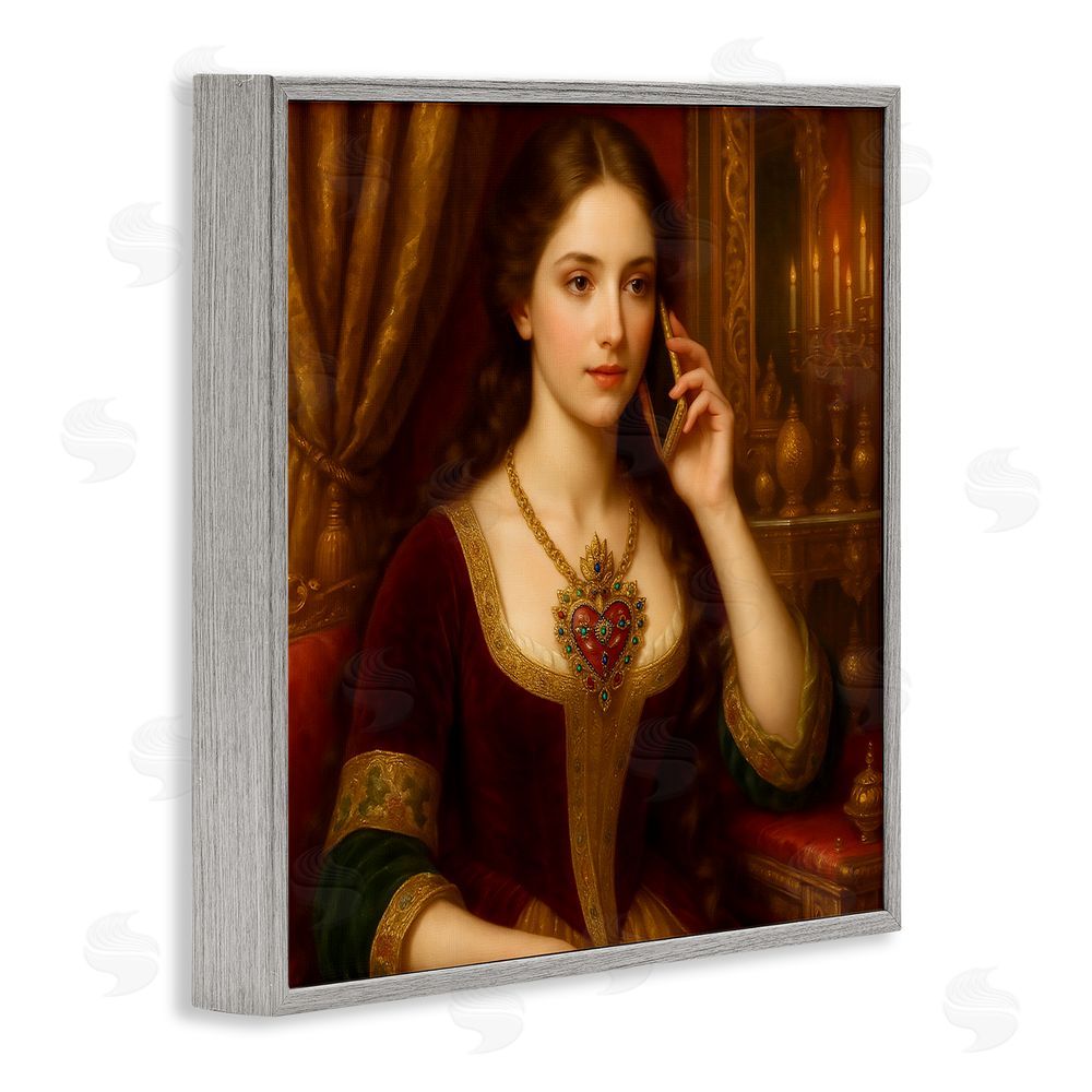 Grotto Studios Rococo Woman with Cell Phone Gray Framed Giclee Wall Art Print