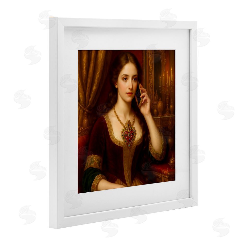 Grotto Studios Rococo Woman with Cell Phone White Framed Print Under Glass Wall Art