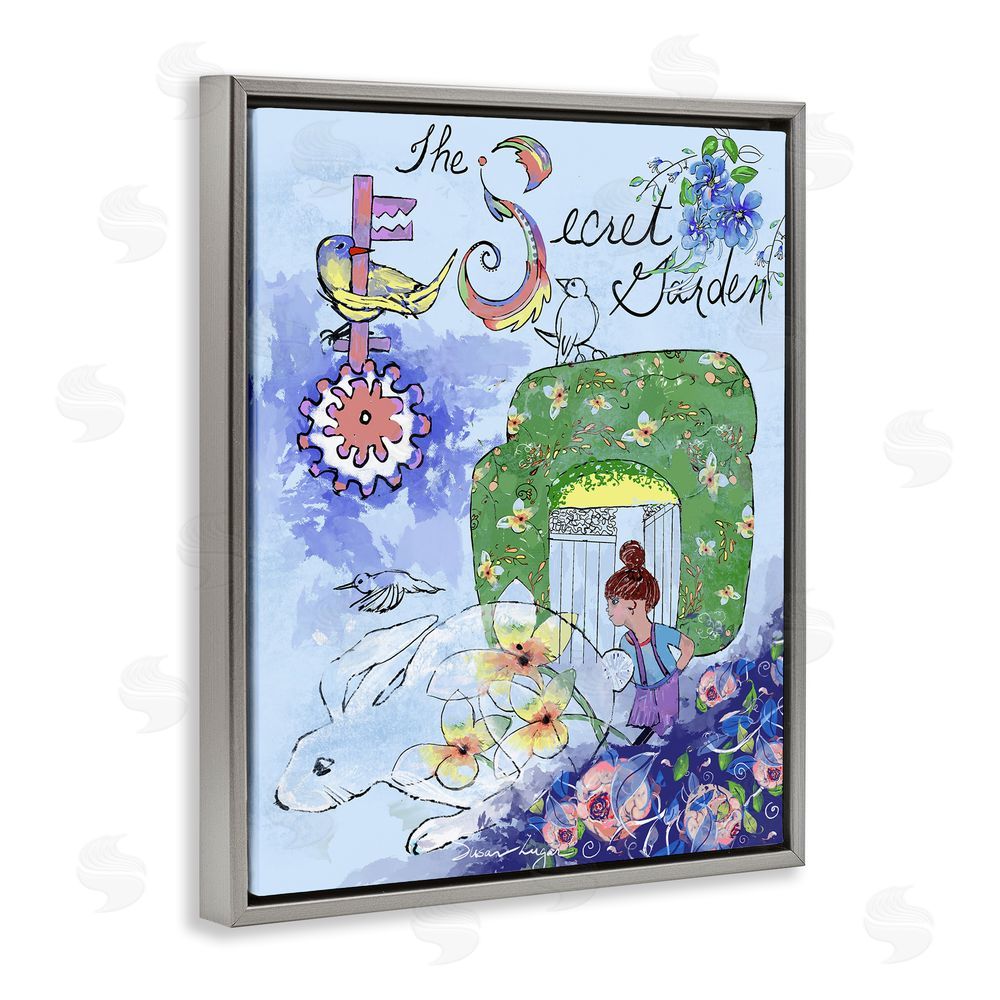 Susan Lugar Secret Garden Folk Illustration Gray Floating Frame Canvas Wall Art Print