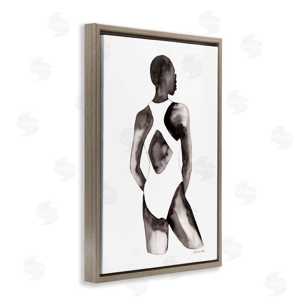 Simone Elum Beach Day Swimsuit Silhouette Brown Floating Frame Canvas Wall Art Print